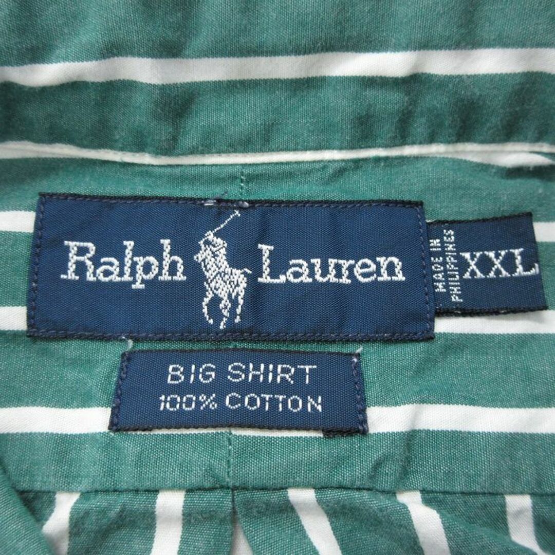 Ralph Lauren(ラルフローレン)のXL★古着 ラルフローレン Ralph Lauren 半袖 ブランド シャツ メンズ 90年代 90s 裾ロゴ BIG SHIRT ロング丈 大きいサイズ コットン ボタンダウン 緑他 グリーン ストライプ 【spe】 24apr20 中古 トップス メンズのトップス(シャツ)の商品写真