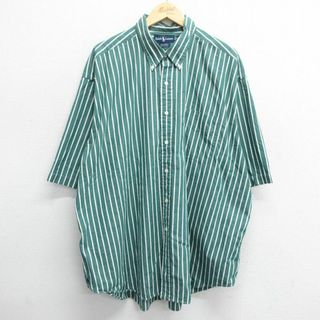 ラルフローレン(Ralph Lauren)のXL★古着 ラルフローレン Ralph Lauren 半袖 ブランド シャツ メンズ 90年代 90s 裾ロゴ BIG SHIRT ロング丈 大きいサイズ コットン ボタンダウン 緑他 グリーン ストライプ 【spe】 24apr20 中古 トップス(シャツ)