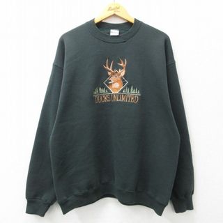 XL★古着 長袖 スウェット メンズ 90年代 90s シカ 刺繍 クルーネック USA製 濃緑 グリーン 24apr20 中古 スエット トレーナー トップス(パーカー)