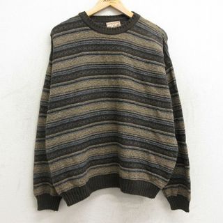 ウールリッチ(WOOLRICH)のXL★古着 ウールリッチ WOOLRICH 長袖 セーター メンズ 90年代 90s 大きいサイズ クルーネック USA製 濃茶他 ブラウン ボーダー 24apr20 中古 ニット トップス(ニット/セーター)