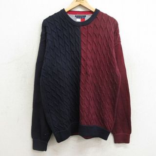 TOMMY HILFIGER - XL★古着 トミーヒルフィガー TOMMY HILFIGER 長袖 ブランド ケーブル セーター メンズ 90年代 90s ツートンカラー コットン クルーネック 紺他 ネイビー 【spe】 24apr20 中古 ニット トップス