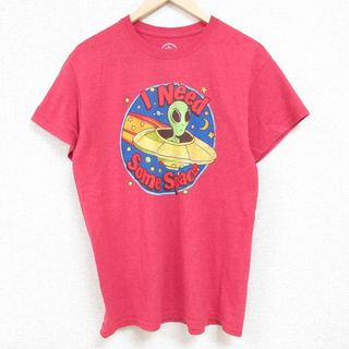 L★古着 半袖 Tシャツ メンズ UFO エイリアン クルーネック 赤 レッド 霜降り 24apr20 中古(Tシャツ/カットソー(半袖/袖なし))