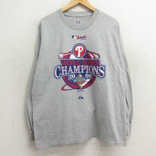 マジェスティック(Majestic)のXL★古着 マジェスティック 長袖 ビンテージ Tシャツ メンズ 00年代 00s MLB ワールドシリーズ クルーネック グレー 霜降り メジャーリーグ ベースボール 野球 24apr20 中古(Tシャツ/カットソー(半袖/袖なし))