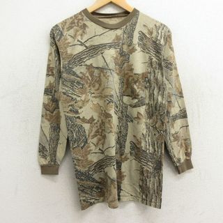 M★古着 長袖 ビンテージ Tシャツ メンズ 90年代 90s リアルツリー 胸ポケット付き クルーネック ベージュ他 カーキ 迷彩 24apr20 中古(Tシャツ/カットソー(半袖/袖なし))