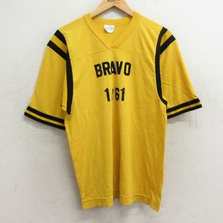 M★古着 半袖 ビンテージ フットボール Tシャツ メンズ 90年代 90s BRAVO フロッキープリント Vネック 黄 イエロー 24apr20 中古(Tシャツ/カットソー(半袖/袖なし))