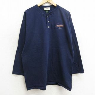 XL★古着 長袖 ビンテージ Tシャツ メンズ 90年代 90s キューカ 船 コットン ヘンリーネック USA製 紺 ネイビー 24apr20 中古(Tシャツ/カットソー(半袖/袖なし))