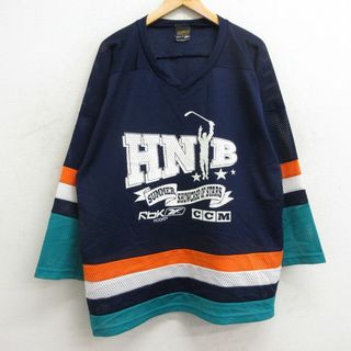 リーボック(Reebok)のXL★古着 長袖 ビンテージ Tシャツ アイスホッケー ジャージ メンズ 90年代 90s リーボック REEBOK HNB 5 大きいサイズ メッシュ地 Vネック カナダ製 紺他 ネイビー ユニフォーム ゲームシャツ 24apr20 中古(Tシャツ/カットソー(半袖/袖なし))