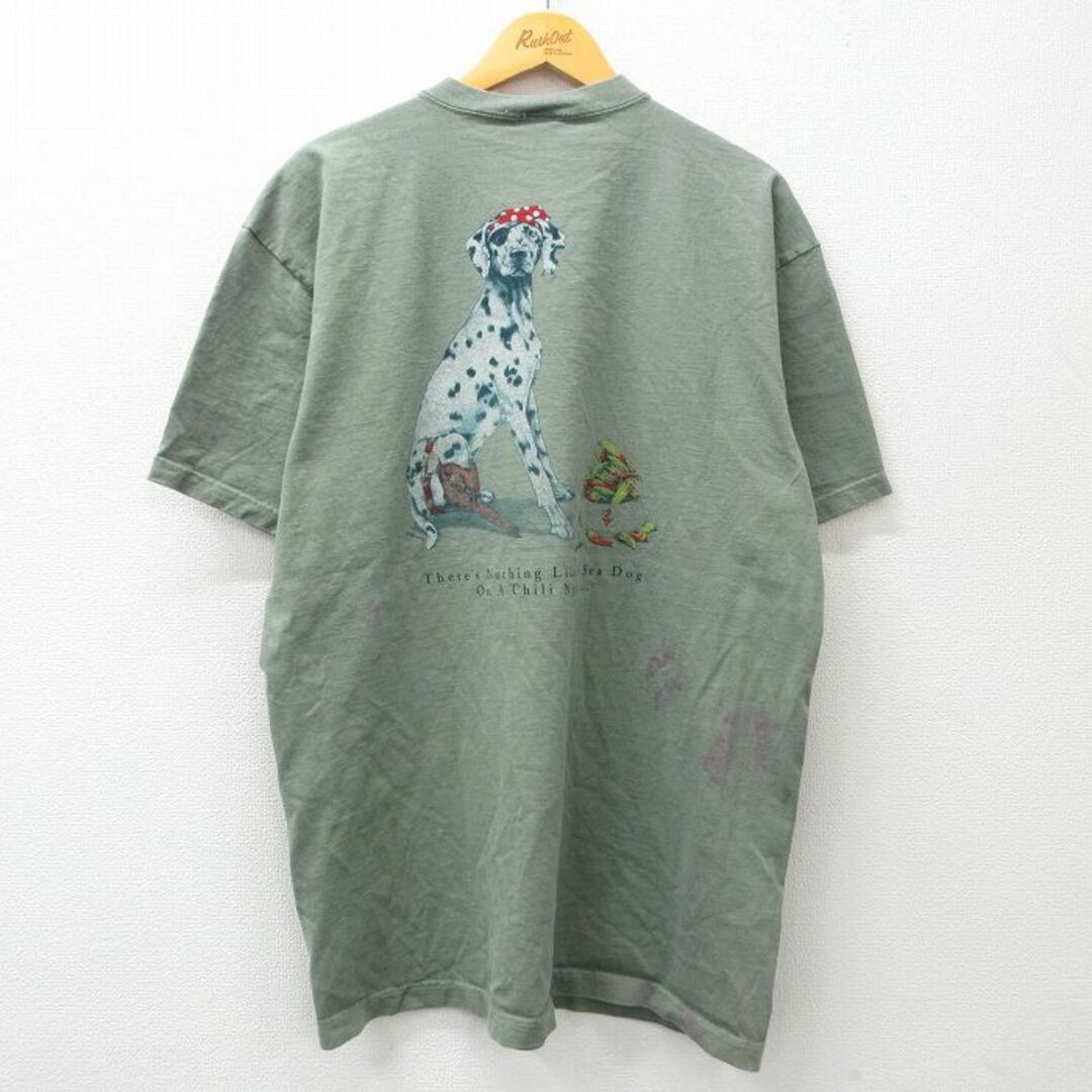 XL★古着 半袖 ビンテージ Tシャツ メンズ 90年代 90s 犬 SEADOG 大きいサイズ ロング丈 コットン クルーネック 緑系 グリーン 24apr20 中古 メンズのトップス(Tシャツ/カットソー(半袖/袖なし))の商品写真