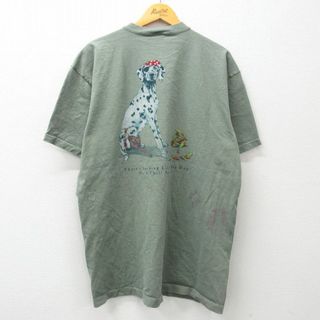 XL★古着 半袖 ビンテージ Tシャツ メンズ 90年代 90s 犬 SEADOG 大きいサイズ ロング丈 コットン クルーネック 緑系 グリーン 24apr20 中古(Tシャツ/カットソー(半袖/袖なし))