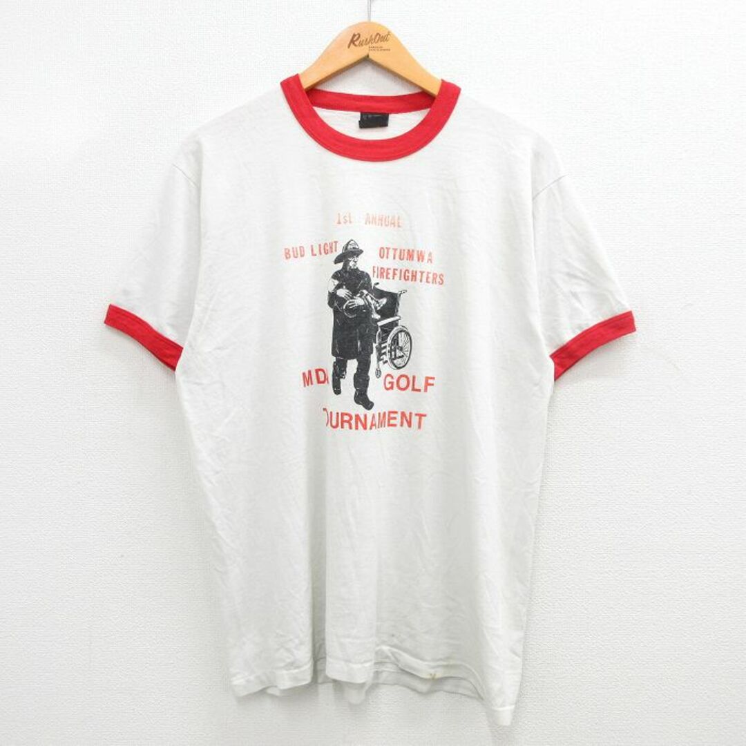 SCREEN STARS(スクリーンスターズ)のL★古着 スクリーンスターズ 半袖 ビンテージ Tシャツ メンズ 80年代 80s 消防士 車いす クルーネック USA製 白他 ホワイト リンガー 24apr20 中古 メンズのトップス(Tシャツ/カットソー(半袖/袖なし))の商品写真