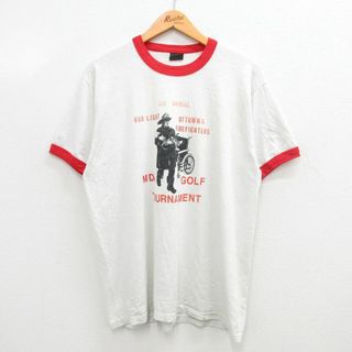 スクリーンスターズ(SCREEN STARS)のL★古着 スクリーンスターズ 半袖 ビンテージ Tシャツ メンズ 80年代 80s 消防士 車いす クルーネック USA製 白他 ホワイト リンガー 24apr20 中古(Tシャツ/カットソー(半袖/袖なし))