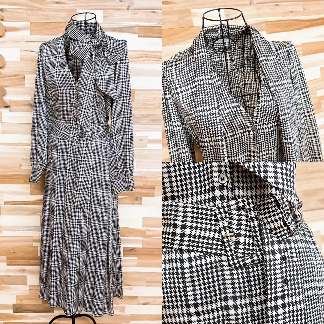 ZARA(ザラ)の【ザラ】タイ付き 千鳥 総柄 ロング シャツ ワンピース プリーツ M 黒×白 レディースのワンピース(ロングワンピース/マキシワンピース)の商品写真