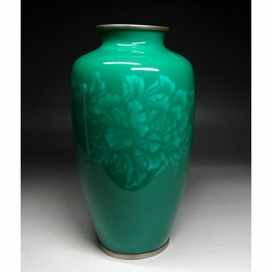 七宝焼 エメラルドグリーン 牡丹紋 壺 花瓶 高約24.5cm t08269 エンタメ/ホビーの美術品/アンティーク(金属工芸)の商品写真