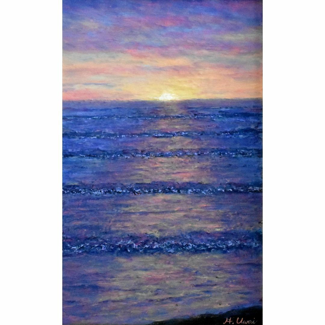 上井彦之介 「千里浜海岸の夕日」　油彩　Ｍ１０号　真作保証　信州安曇野の人気画家