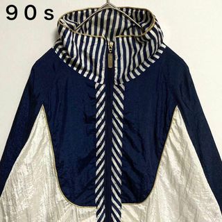 ヴィンテージ(VINTAGE)のレア◎90s◎ナイロンジャケット◎紺×白◎ストライプ◎太アーム◎雰囲気抜群◎だぼ(ナイロンジャケット)