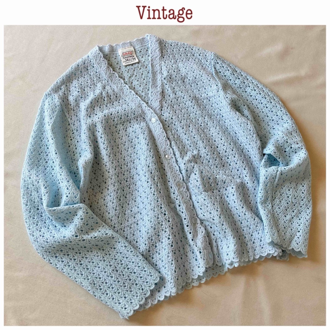 VINTAGE(ヴィンテージ)の英国製 ユーロ ビンテージ かぎ編み ニット カーディガン 14 ペールブルー レディースのトップス(カーディガン)の商品写真
