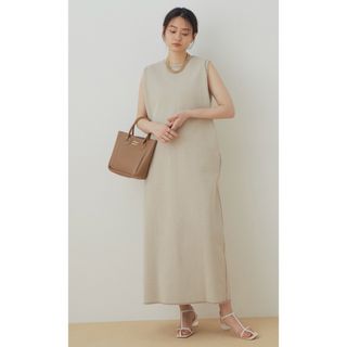 アダムエロぺ(Adam et Rope')の美品アダムエロペ ＜洗える＞【WEB限定】リブワンピースベージュ(ロングワンピース/マキシワンピース)