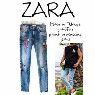 ザラ(ZARA)の★ザラ★トルコ製 落書き ペイント スキニー デニム 34 ジーンズ(デニム/ジーンズ)