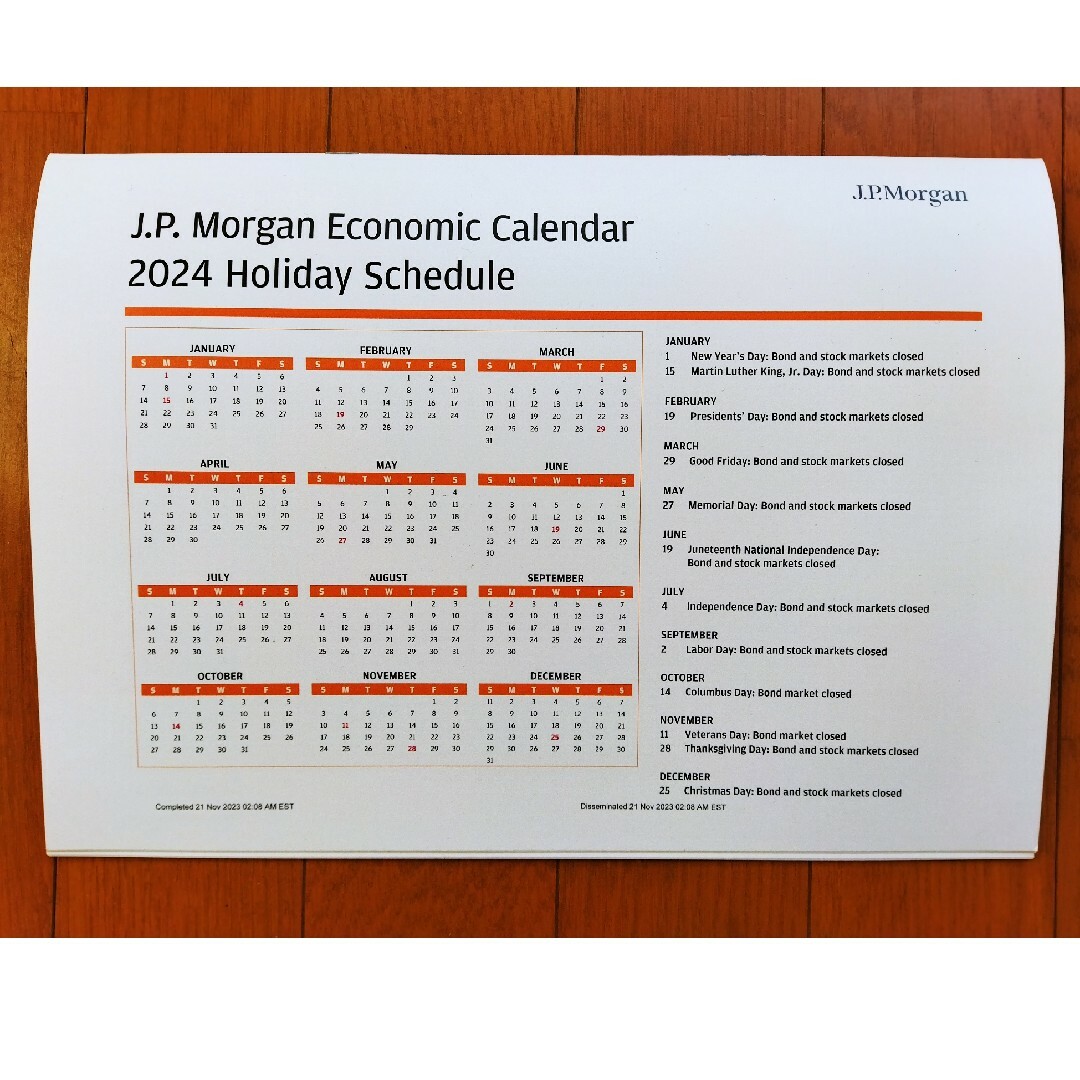 JPモルガン 米国市場カレンダー　2024年機関投資家限定非売品 インテリア/住まい/日用品の文房具(カレンダー/スケジュール)の商品写真