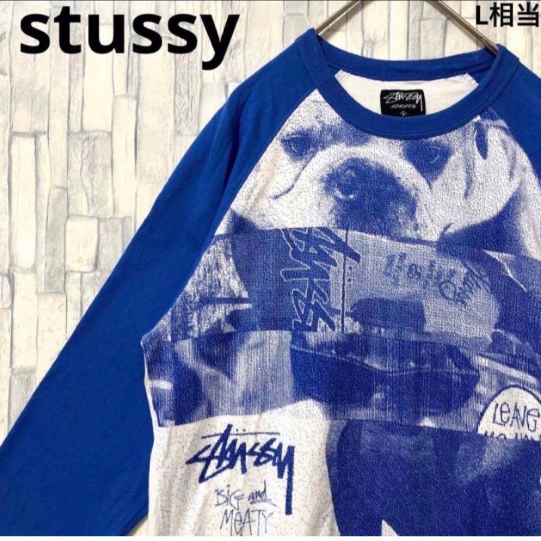 STUSSY(ステューシー)のステューシー 長袖 ラグランTシャツ 七分丈 七分袖 ロンTブルーS アニマル柄 メンズのトップス(Tシャツ/カットソー(七分/長袖))の商品写真