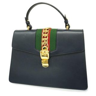 グッチ(Gucci)の【4hc3483】グッチ ハンドバッグ/シェリーライン/シルヴィ/431665/レザー/ネイビー/ゴールド金具 【中古】 レディース(ハンドバッグ)