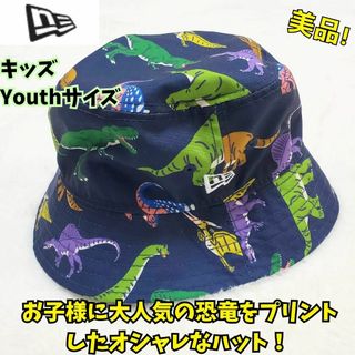 ニューエラー(NEW ERA)の美品　ニューエラ　⭐️バケットハット　キッズ　ユースサイズ　恐竜　ネイビー　公園(帽子)