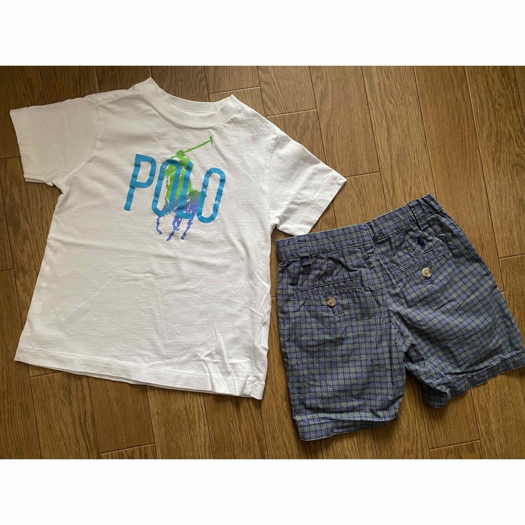 Ralph Lauren(ラルフローレン)のラルフローレンPOLOロゴポニープリントTシャツパンツ上下セット3T白緑チェック キッズ/ベビー/マタニティのキッズ服男の子用(90cm~)(Tシャツ/カットソー)の商品写真