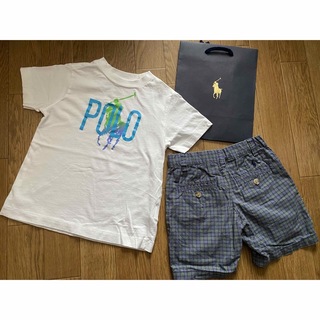 ラルフローレン(Ralph Lauren)のラルフローレンPOLOロゴポニープリントTシャツパンツ上下セット3T白緑チェック(Tシャツ/カットソー)