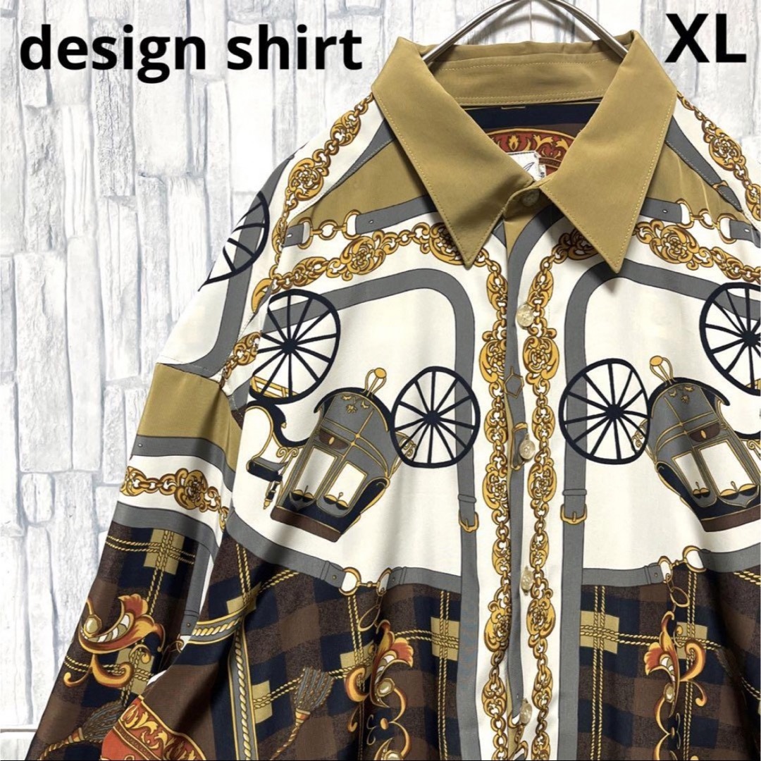 デザインシャツ 柄シャツ 長袖 スカーフ柄 XL ヨーロッパ柄 チェーン 馬車 メンズのトップス(シャツ)の商品写真