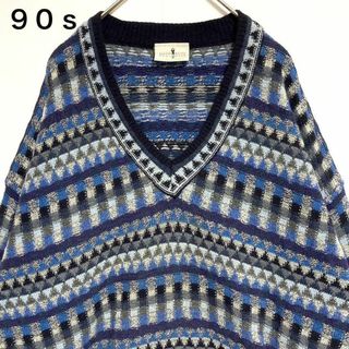 ヴィンテージ(VINTAGE)の激レア◎90s◎Vintage◎ニット◎青◎ボーダー◎太アーム◎雰囲気抜群◎だぼ(ニット/セーター)