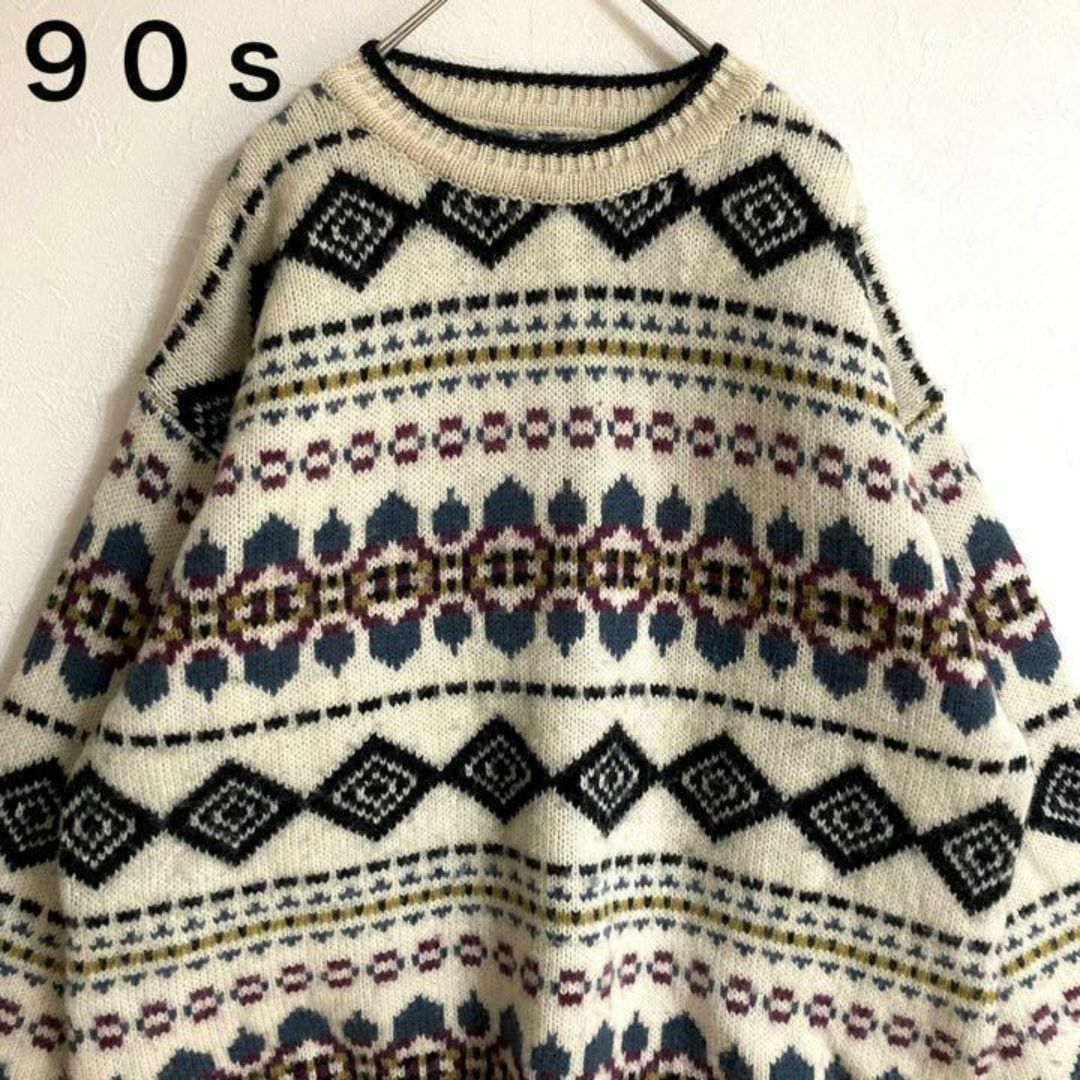 VINTAGE(ヴィンテージ)のレア◎90s◎肉厚◎ニット◎総柄◎ホワイト系◎レトロ◎太アーム◎オーバーサイズ メンズのトップス(ニット/セーター)の商品写真