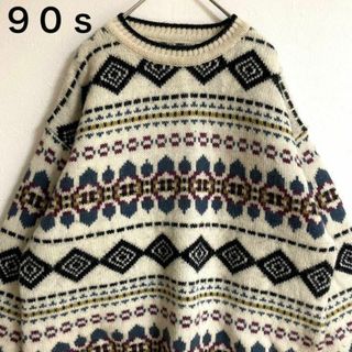 VINTAGE - レア◎90s◎肉厚◎ニット◎総柄◎ホワイト系◎レトロ◎太アーム◎オーバーサイズ