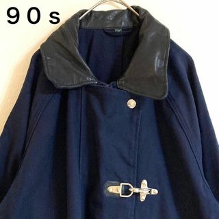 ヴィンテージ(VINTAGE)の激レア◎90s◎ファイヤーマンコート◎紺×黒◎襟レザー◎異素材◎雰囲気抜群◎だぼ(ステンカラーコート)