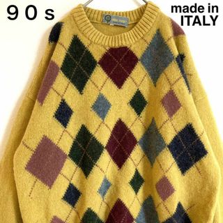 ヴィンテージ(VINTAGE)のレア◎90s◎イタリア製◎ニット◎黄色◎マルチカラー◎好配色◎レトロ◎アーガイル(ニット/セーター)