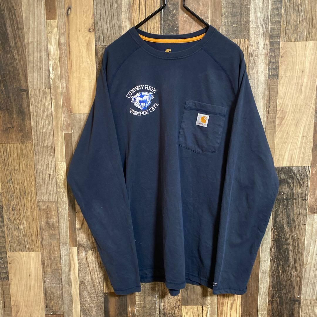 carhartt(カーハート)のカーハート Tシャツ ロンT ロゴ ワッペン ネイビー Mサイズ 紺色 US古着 メンズのトップス(Tシャツ/カットソー(七分/長袖))の商品写真