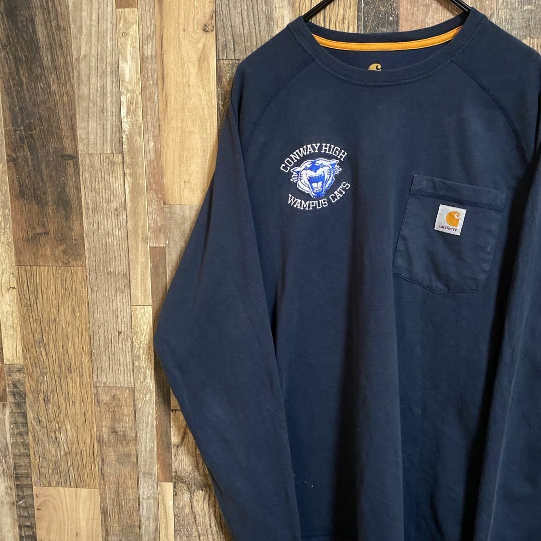 carhartt(カーハート)のカーハート Tシャツ ロンT ロゴ ワッペン ネイビー Mサイズ 紺色 US古着 メンズのトップス(Tシャツ/カットソー(七分/長袖))の商品写真