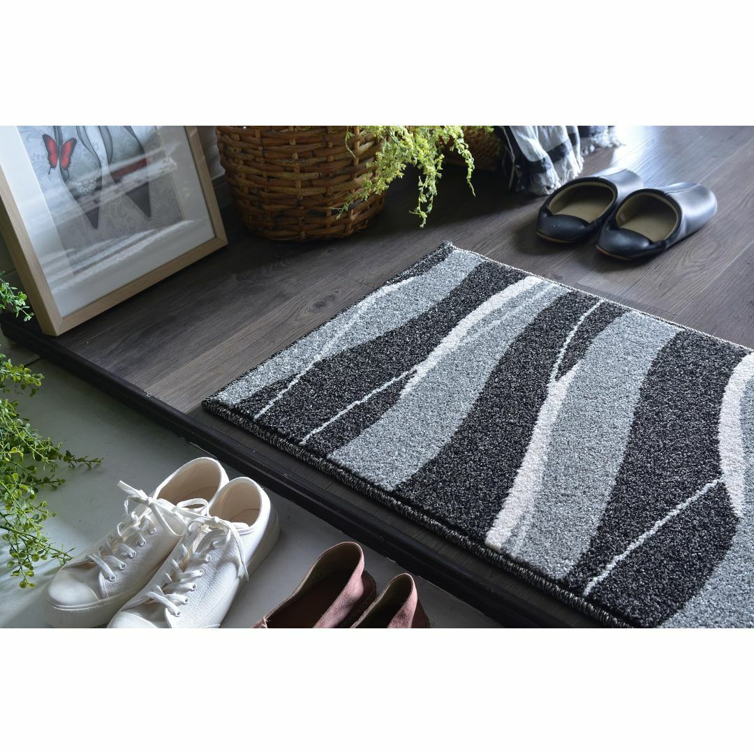 【色: ウェーブ ブラック】ＲＵＧＳ‐ＦＡＣＴＯＲＹ 玄関マット 室内 ズレにく インテリア/住まい/日用品のラグ/カーペット/マット(ラグ)の商品写真