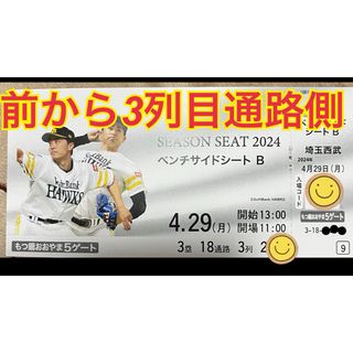 4月29日(月)ホークスvs西武ライオンズ戦 ベンチサイドシート通路側１枚 (野球)