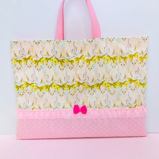 ハンドメイド ●レッスンバッグ●絵本バッグ●ねこ・ミント×ピンクドット(レッスンバッグ)