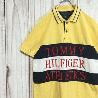 トミーヒルフィガー(TOMMY HILFIGER)の【トミーヒルフィガー 半袖ポロシャツ】レア ビッグロゴ刺繍 L 黄 古着(ポロシャツ)