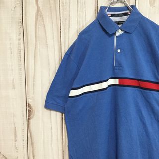 TOMMY HILFIGER - 【トミーヒルフィガー 半袖ポロシャツ】定番 ビッグロゴ 2XL 青 古着