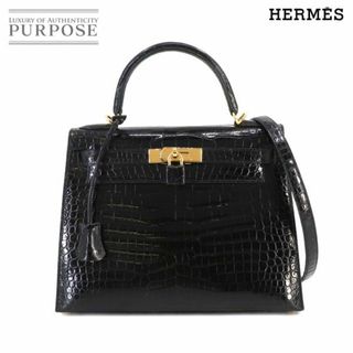 エルメス(Hermes)の新品同様 エルメス HERMES クロコダイル ケリー 28 2way ハンド ショルダー バッグ ポロサス ブラック 外縫い □F刻印 VLP 90232215(ハンドバッグ)