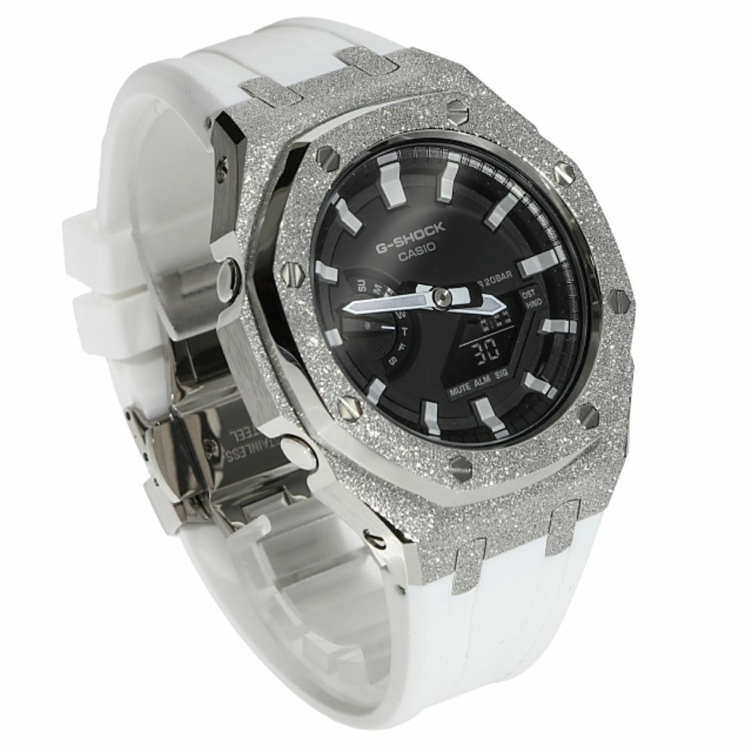 G-SHOCK(ジーショック)のG-SHOCK GA2100 メタル カスタム フロステッド ラバーバンド カシオーク ホワイトベルト ステンレス製 艶消しモデル Frosted Edition CASIOAK シルバー メンズの時計(腕時計(アナログ))の商品写真