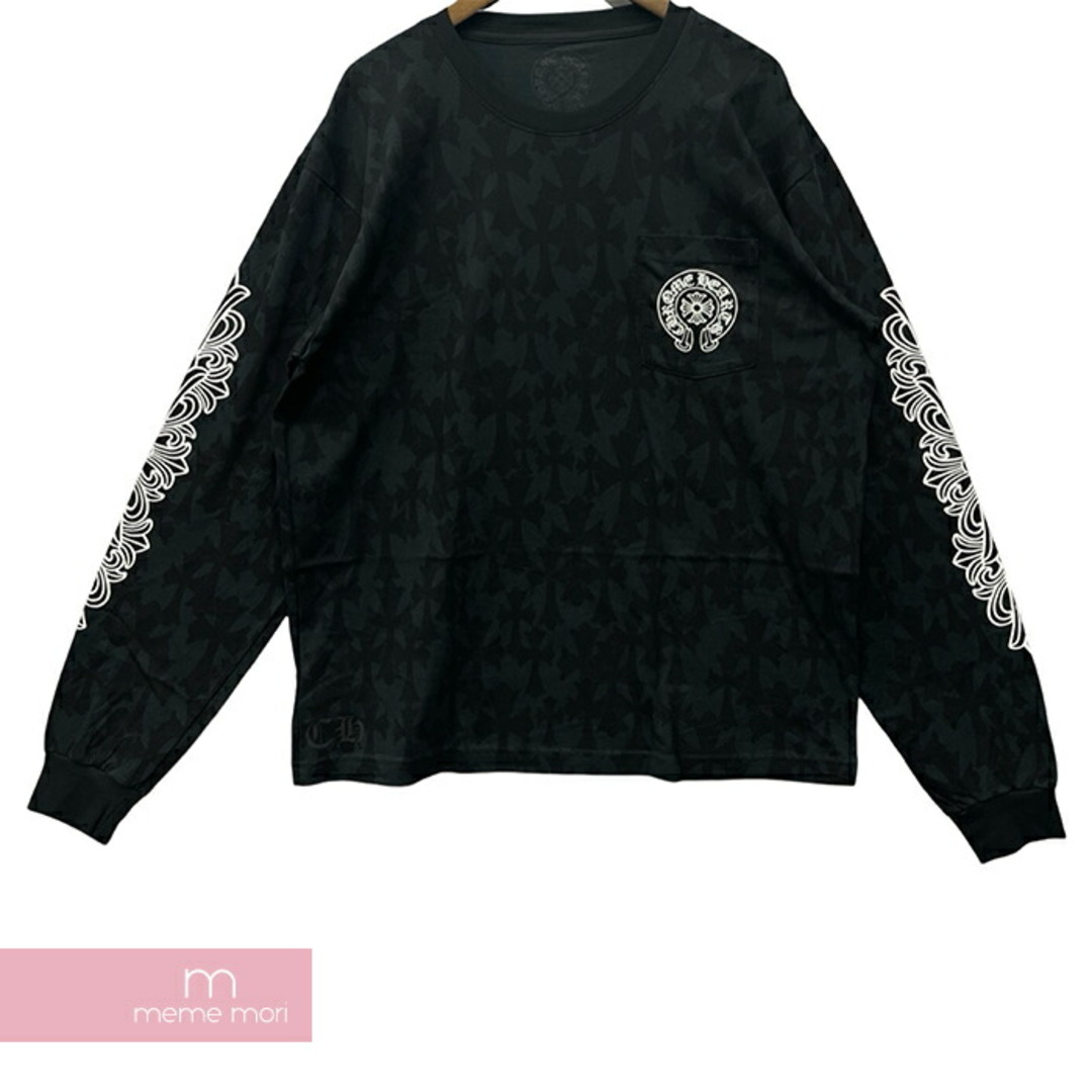 Chrome Hearts(クロムハーツ)のCHROME HEARTS 2024SS Graveyard Cemetery Cross L/S Tee クロムハーツ グレイブヤードセメタリークロスロングスリーブTシャツ 長袖カットソー 総柄 スクロールロゴプリント 胸ポケ ホースシュー ブラック サイズL【240421】【新古品】【me04】 メンズのトップス(Tシャツ/カットソー(半袖/袖なし))の商品写真