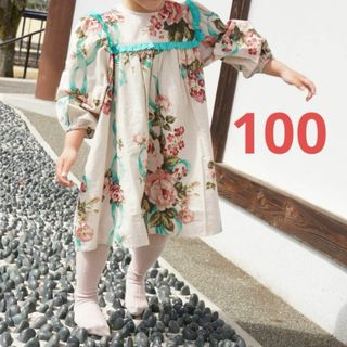 オーガニックコットン キッズ ワンピース 花柄 フリル 100(ワンピース)