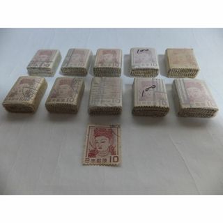 使用済★第1次円単位・法隆寺壁画★10円切手100枚束×10合計1000枚(使用済み切手/官製はがき)