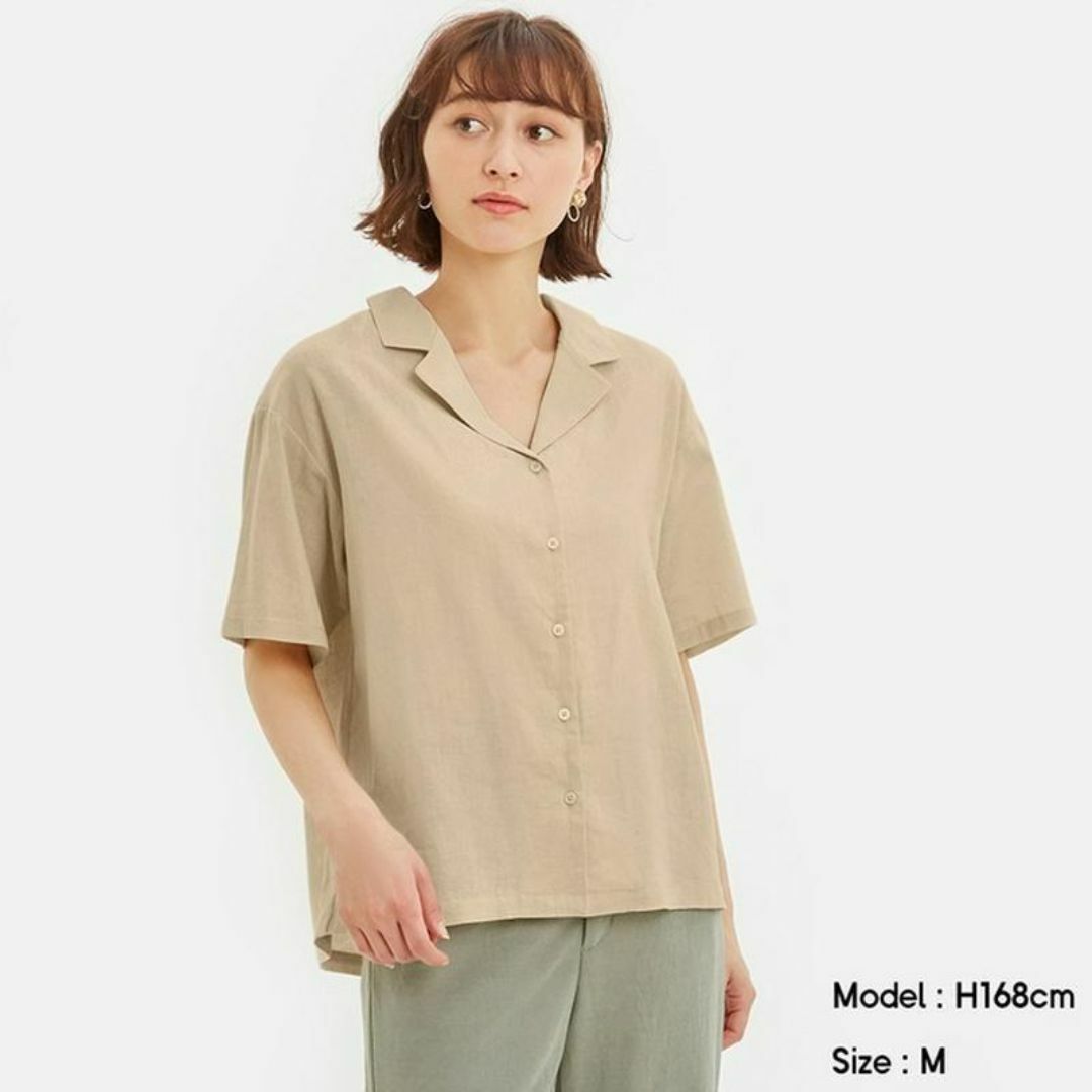 GU(ジーユー)のジーユー　リネンブレンドオープンカラーシャツ(5分袖)　麻　シャツ　五分袖シャツ レディースのトップス(シャツ/ブラウス(半袖/袖なし))の商品写真
