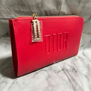 ディオール(Dior)のディオール L字ファスナー ポーチ レッド puレザー dチャーム ノベルティ(ポーチ)