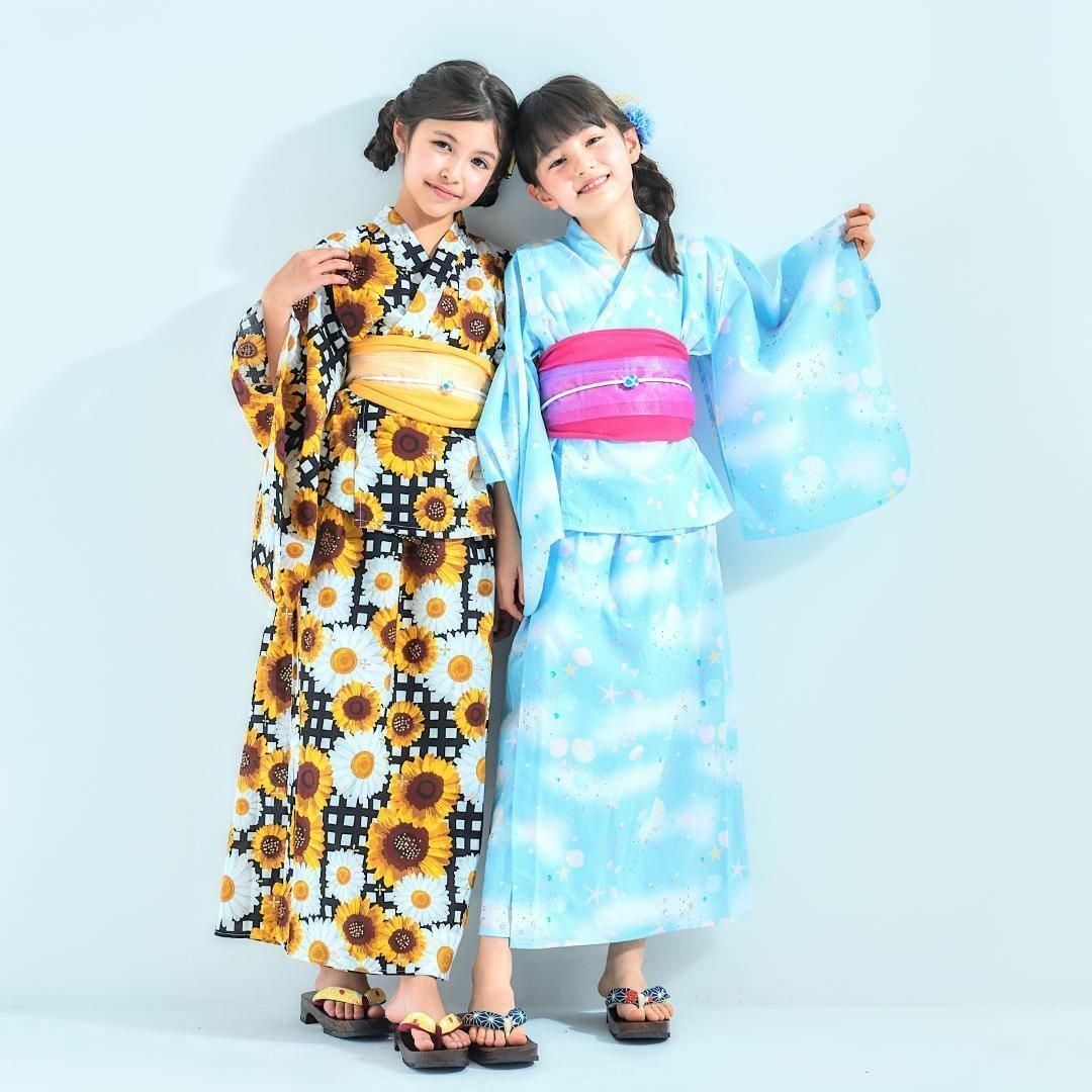 キッズ 子供 2way 浴衣 ワンピース 帯付き 青 水色 10w-7 キッズ/ベビー/マタニティのキッズ服女の子用(90cm~)(甚平/浴衣)の商品写真