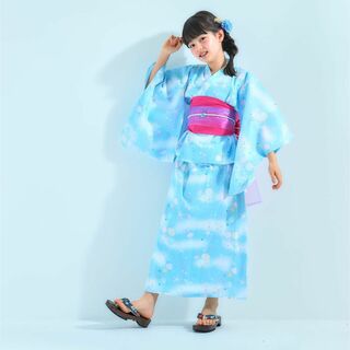 キッズ 子供 2way 浴衣 ワンピース 帯付き 青 水色 10w-7(甚平/浴衣)
